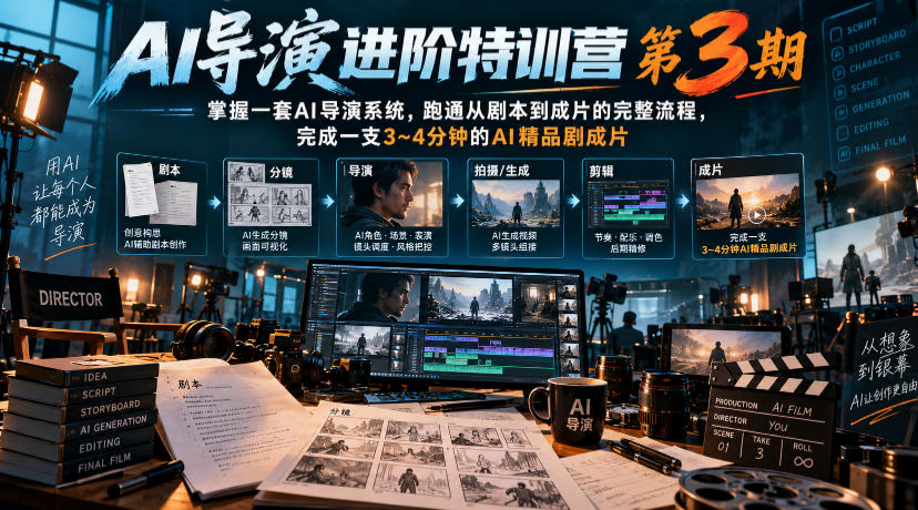 AI导演进阶特训营第3期,掌握一套AI导演系统,跑通从剧本到成片的完整流程,完成一支3~4分钟的AI精品剧成片(附1、2期)-荆楚AI