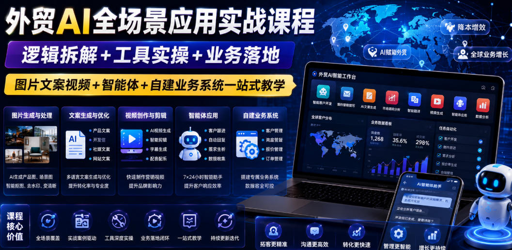 外贸AI全场景应用实战课程｜逻辑拆解+工具实操+业务落地，图片文案视频+智能体+自建业务系统一站式教学-荆楚AI