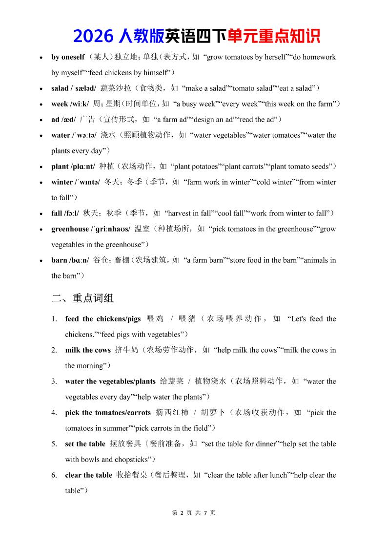 四年级下英语Unit6重点知识汇总《人教版PEP》-荆楚AI