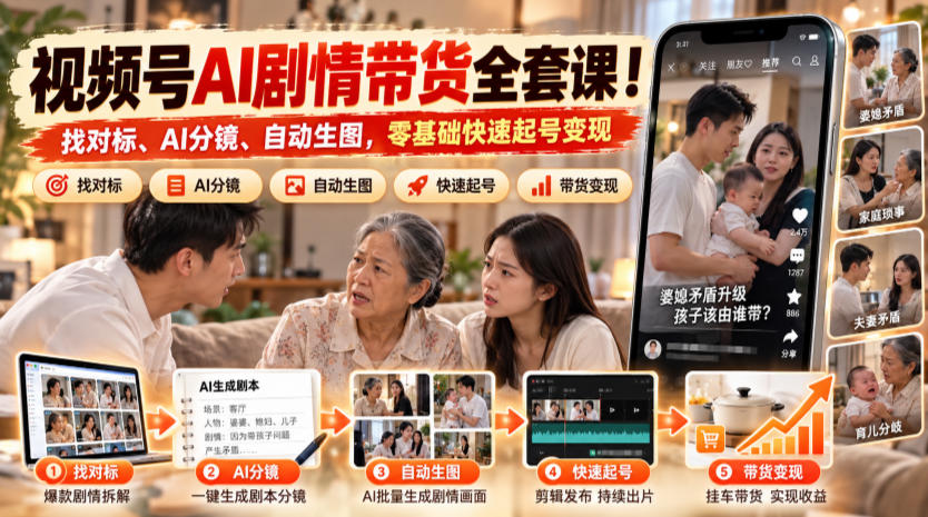 视频号AI剧情带货全套课!找对标、AI分镜、自动生图,零基础快速起号变现-荆楚AI