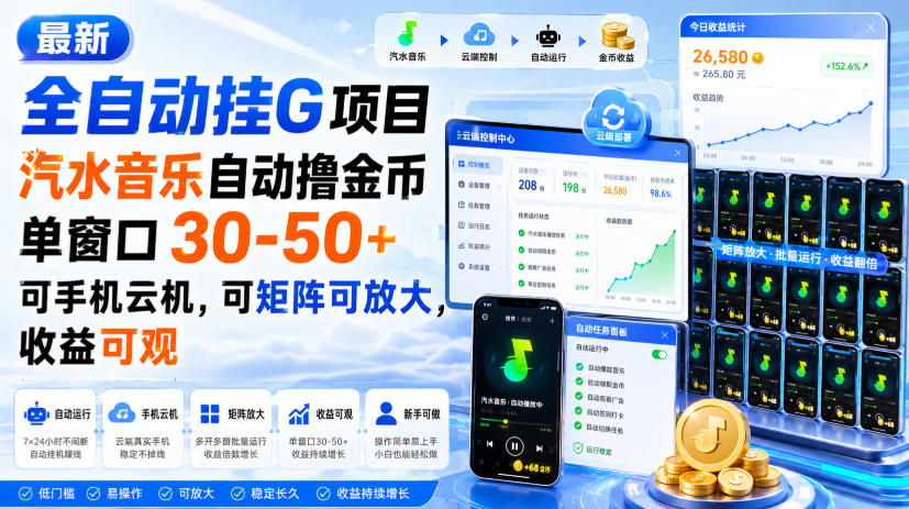 最新全自动挂G项目,汽水音乐自动撸金币单窗口30-50+,可手机云机,可矩阵可放大,收益可观-荆楚AI