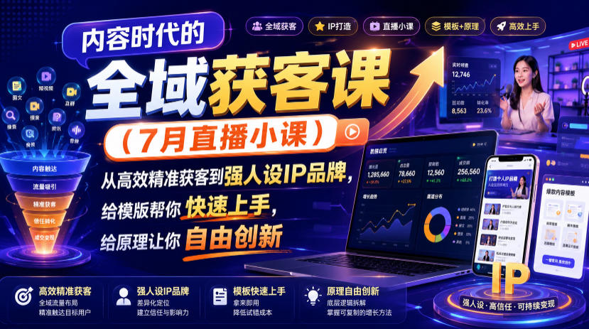 内容时代的全域获客课(7月直播小课),从高效精准获客到强人设IP品牌,给模版帮你快速上手,给原理让你自由创新-荆楚AI