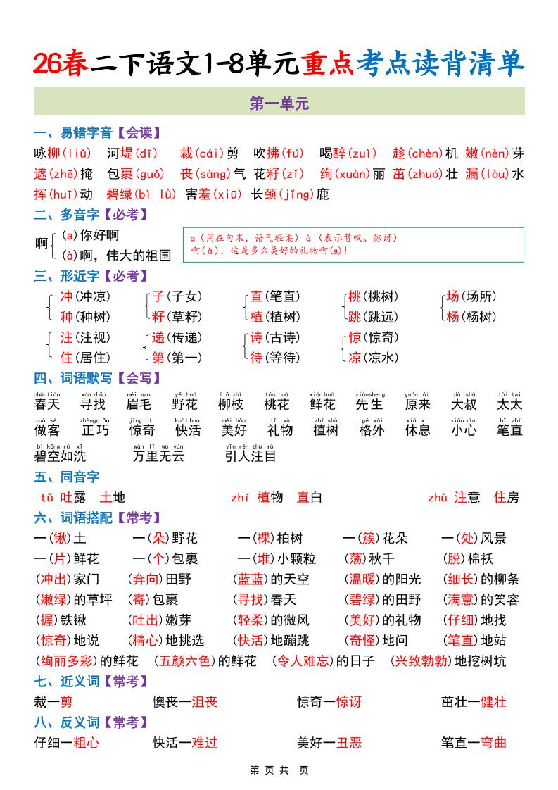 二年级下语文期末复习1-8单元重点考点读背清单