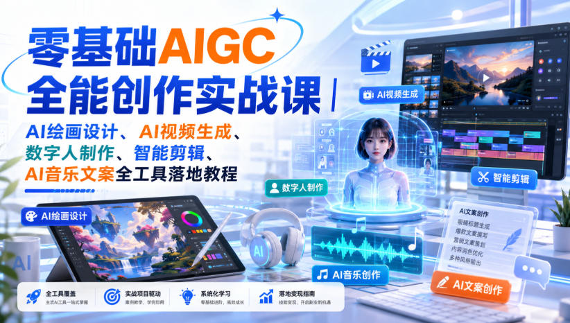 零基础AIGC全能创作实战课｜AI绘画设计、AI视频生成、数字人制作、智能剪辑、AI音乐文案全工具落地教程-荆楚AI
