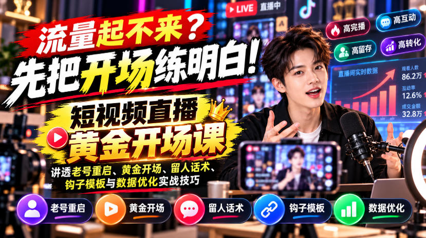 【无水印】流量起不来?先把开场练明白!短视频直播黄金开场课,讲透老号重启、黄金开场、留人话术、钩子模板与数据优化实战技巧-荆楚AI