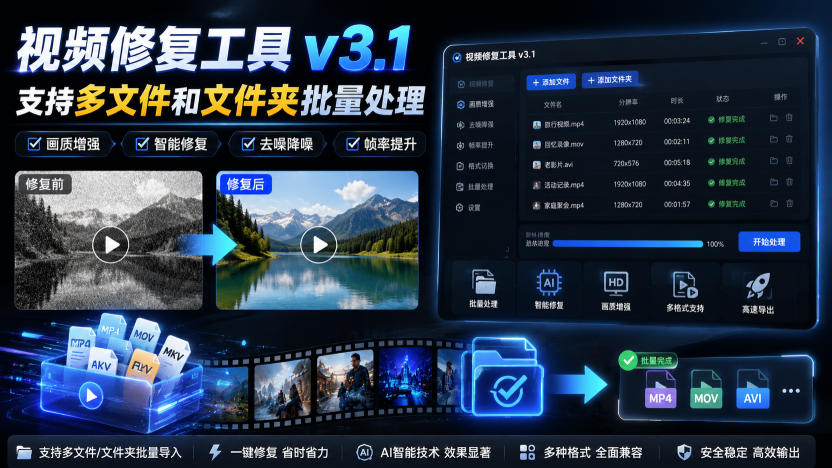 视频修复工具v3.1，支持多文件和文件夹批量处理-荆楚AI