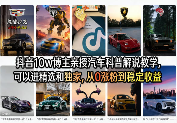 抖音10w博主亲授汽车科普解说教学，可以进精选和独家，从0涨粉到稳定收益(详细视频课程+1T素材)-荆楚AI
