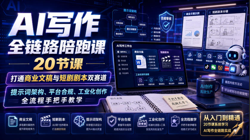 AI写作全链路陪跑课｜20节课打通商业文稿与短剧剧本双赛道，提示词架构、平台合规、工业化创作全流程手把手教学-荆楚AI