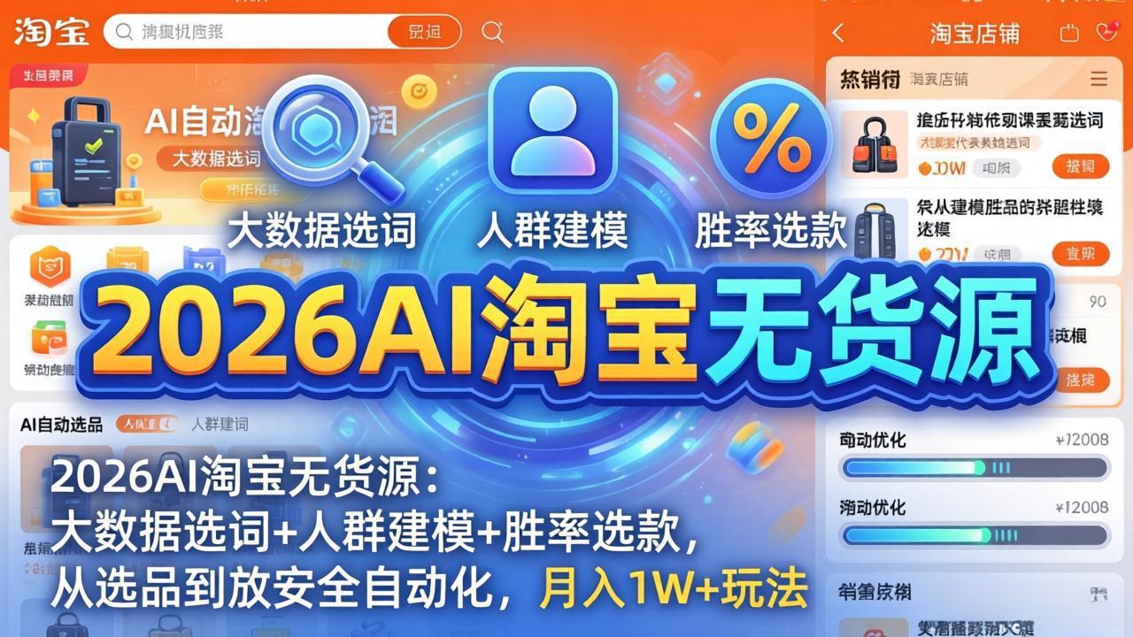 2026AI淘宝无货源-4月更新：大数据选词+人群建模+胜率选款，从选品到放大全自动化，月入1W+玩法-荆楚AI