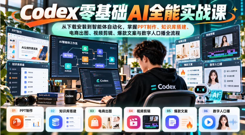 Codex零基础AI全能实战课：从下载安装到智能体自动化，掌握知识库搭建、电商出图、视频剪辑、爆款文案与数字人口播全流程-荆楚AI
