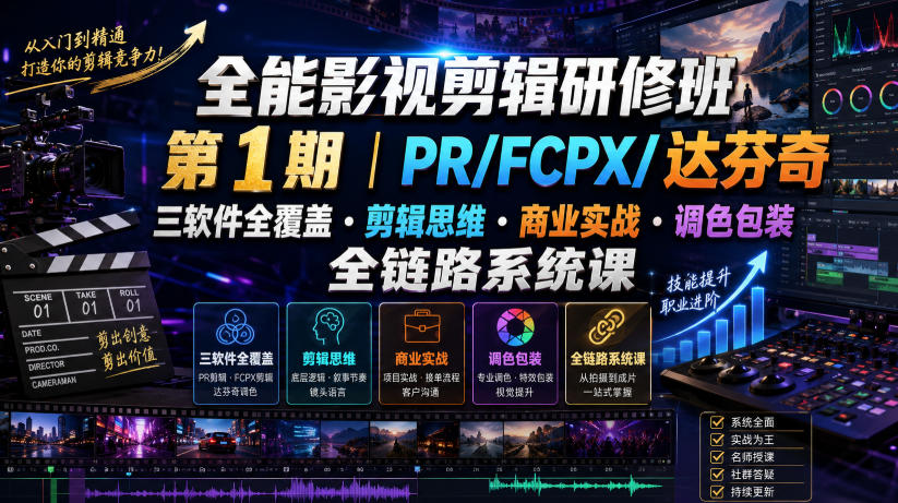 全能影视剪辑研修班第1期｜PR/FCPX/达芬奇三软件全覆盖・剪辑思维・商业实战・调色包装全链路系统课-荆楚AI