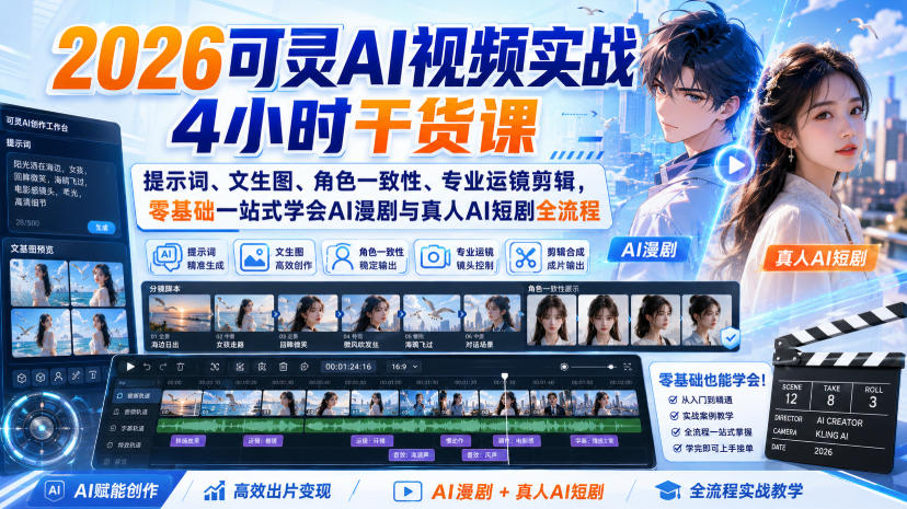 2026可灵AI视频实战4小时干货课|提示词、文生图、角色一致性、专业运镜剪辑,零基础一站式学会AI漫剧与真人AI短剧全流程-荆楚AI