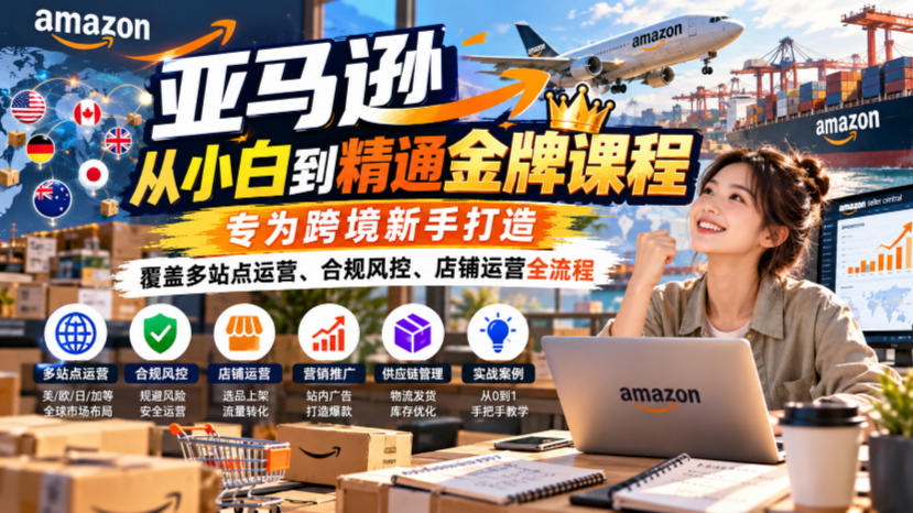 亚马逊从小白到精通金牌课程，专为跨境新手打造，覆盖多站点运营、合规风控、店铺运营全流程-荆楚AI