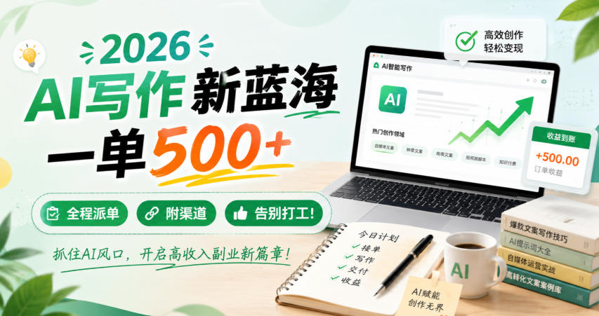 2026 AI写作新蓝海，一单500+，全程派单，附渠道，告别打工！【揭秘】-荆楚AI
