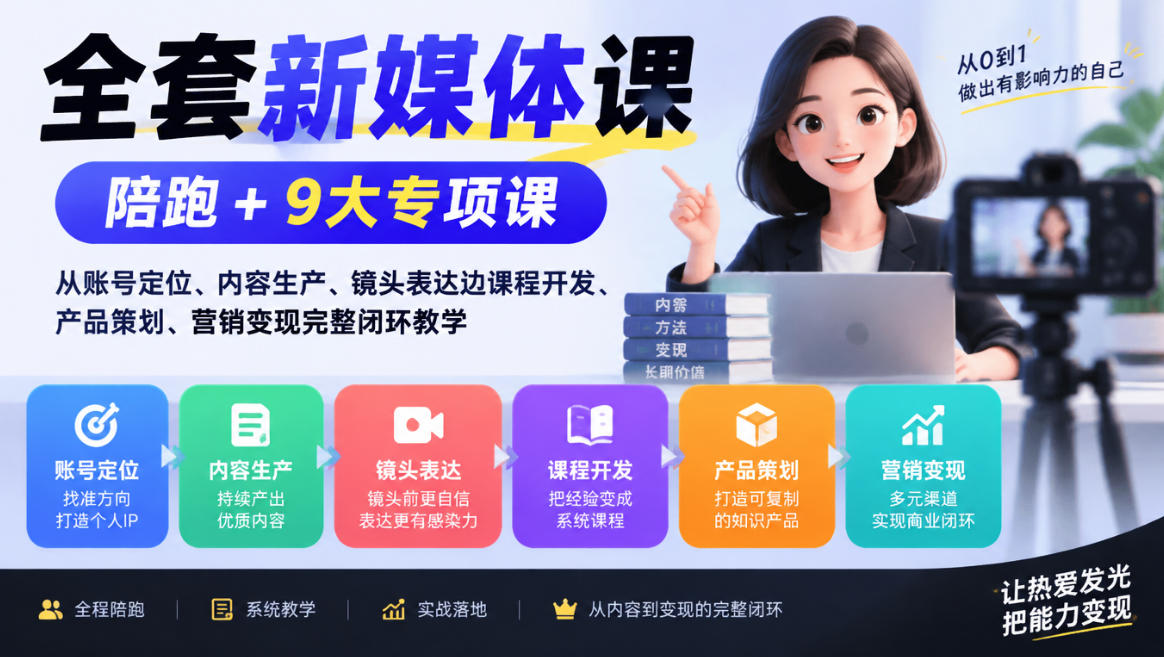 全套新媒体课｜陪跑+9大专项课，从账号定位、内容生产、镜头表达到课程开发、产品策划、营销变现完整闭环教学-荆楚AI
