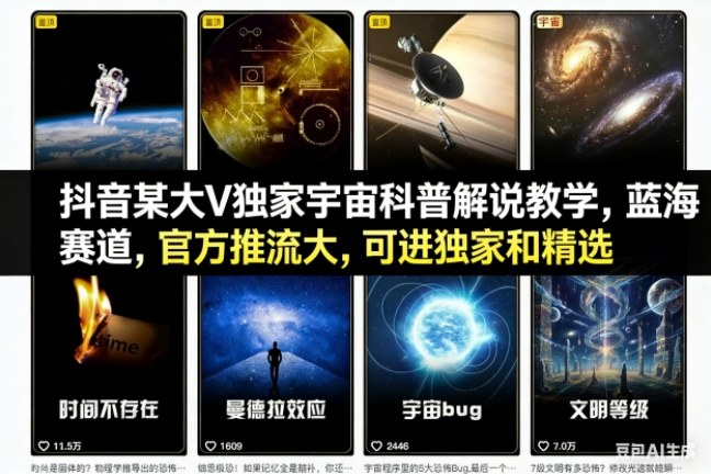 抖音某大V独家宇宙科普解说教学，蓝海赛道，官方推流大，可进独家和精选小淇云库-创业网-网赚副业-网创副业-项目拆解-技术类创业资源网-副业网-免费资源下载小淇云库