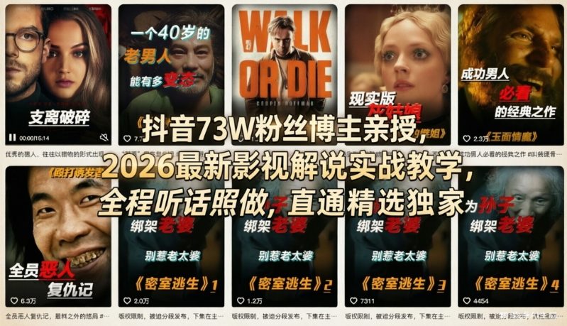 抖音73W粉丝博主亲授，2026最新影视解说实战教学，全程听话照做，直通精选独家小淇云库-创业网-网赚副业-网创副业-项目拆解-技术类创业资源网-副业网-免费资源下载小淇云库