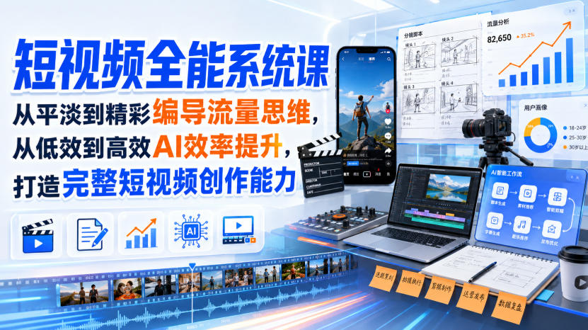 短视频全能系统课,从平淡到精彩编导流量思维,从低效到高效AI效率提升,打造完整短视频创作能力(2026年8月30更新233集)-荆楚AI
