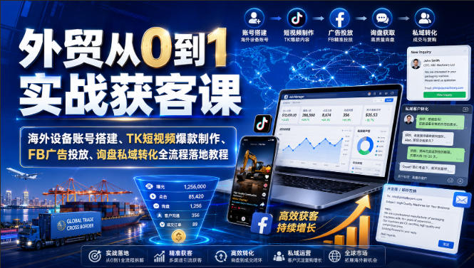外贸从0到1实战获客课｜海外设备账号搭建、TK短视频爆款制作、FB广告投放、询盘私域转化全流程落地教程-荆楚AI