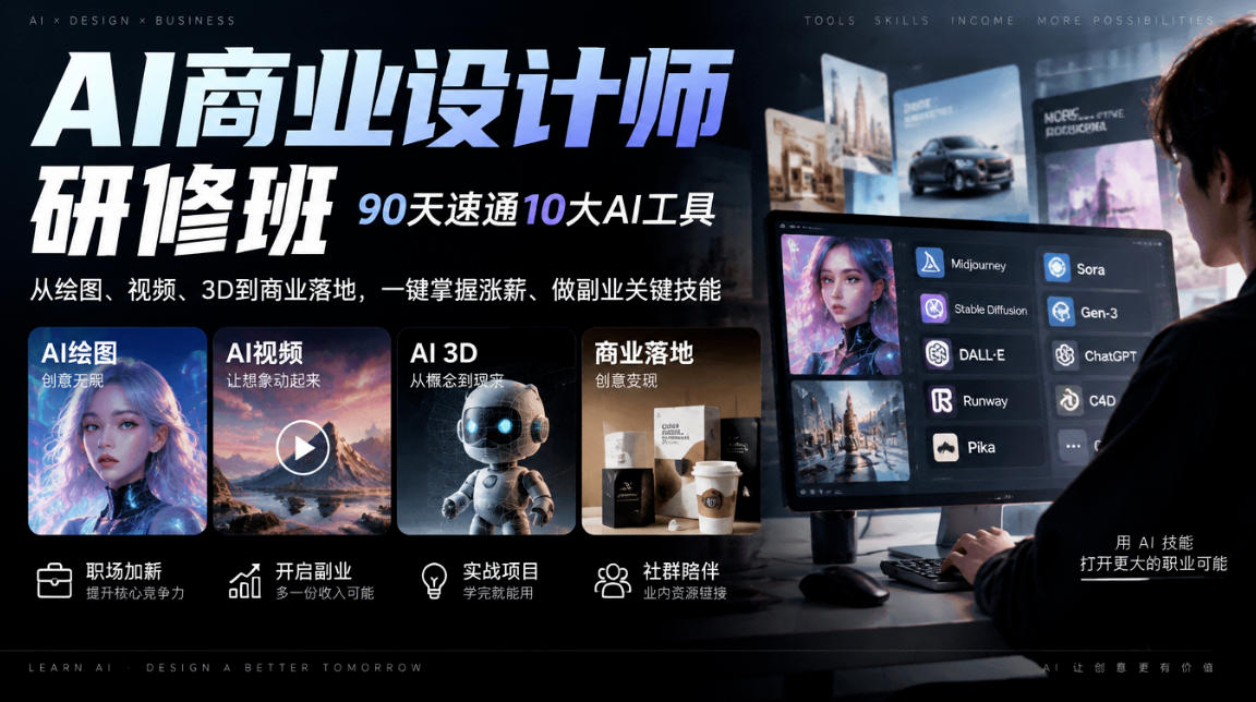 AI商业设计师研修班,90天速通10大AI工具,从绘图、视频、3D到商业落地,一键掌握涨薪、做副业关键技能 AI商业设计师研修班,90天速通10大AI工具,从绘图、视频、3D到商业落地,一键掌握涨薪、做副业关键技能