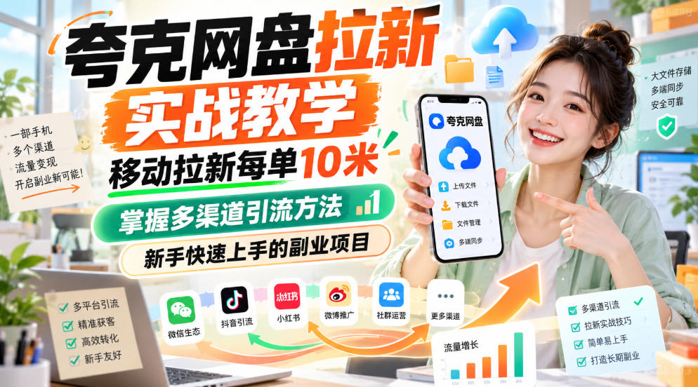 夸克网盘拉新实战教学,移动拉新每单10米,掌握多渠道引流方法,新手快速上手的副业项目(更新1028)-荆楚AI