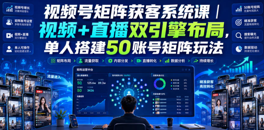 视频号矩阵获客系统课｜视频+直播双引擎布局，单人搭建50账号矩阵玩法，流量入池、搜索占位、全域引流沉淀私域全流程教学-荆楚AI