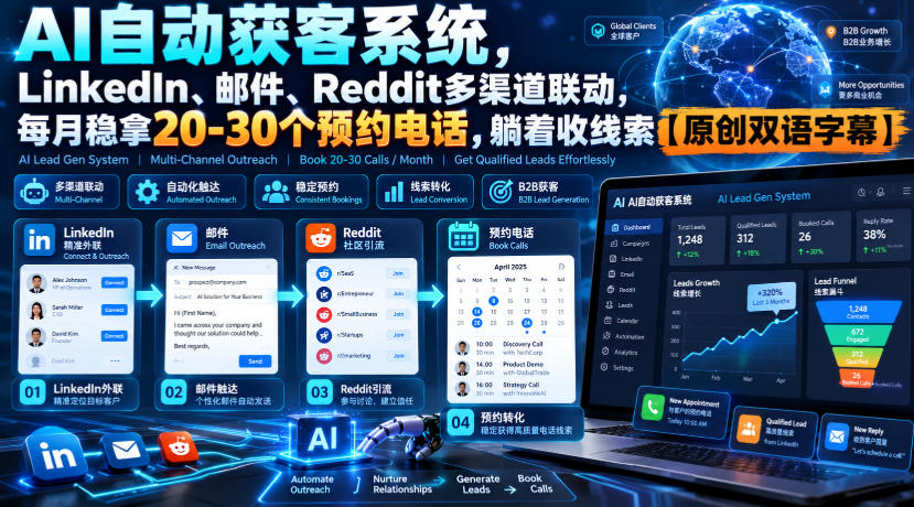 【无水印】AI自动获客系统，LinkedIn、邮件、Reddit多渠道联动，每月稳拿20-30个预约电话，躺着收线索【原创双语字幕】-荆楚AI