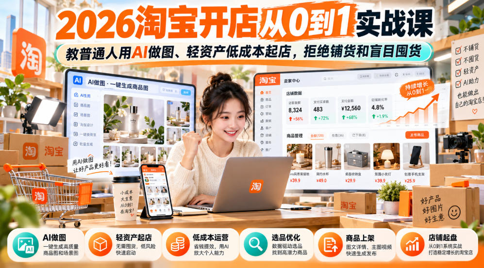 2026淘宝开店从0到1实战课,教普通人用AI做图、轻资产低成本起店,拒绝铺货和盲目囤货 2026淘宝开店从0到1实战课,教普通人用AI做图、轻资产低成本起店,拒绝铺货和盲目囤货