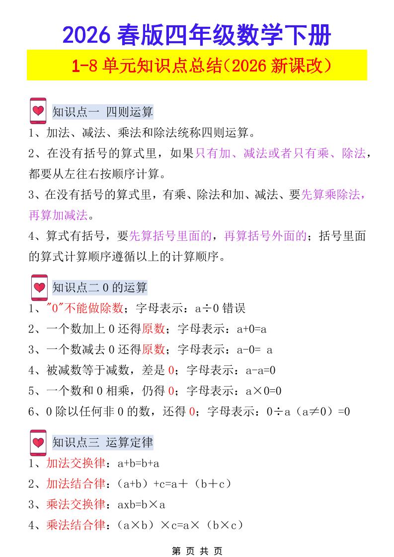 2026春新版四年级下数学1-8单元知识点总结《人教版》