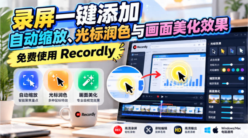 录屏一键添加自动缩放、光标润色与画面美化效果，免费使用Recordly-荆楚AI