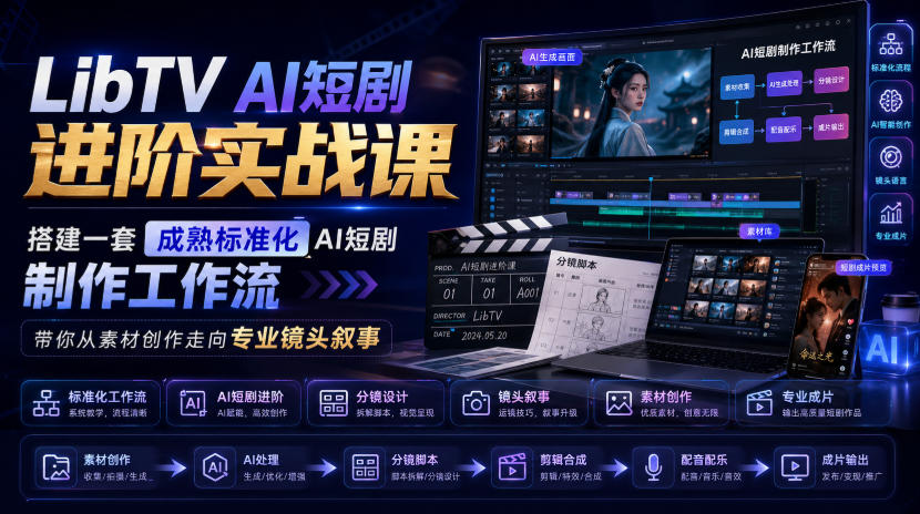 LibTV AI短剧进阶实战课,搭建一套成熟标准化AI短剧制作工作流,带你从素材创作走向专业镜头叙事-荆楚AI
