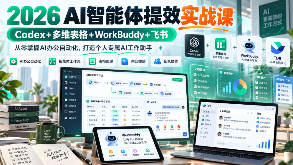2026 AI智能体提效实战课：Codex+多维表格+WorkBuddy+飞书，从零掌握AI办公自动化，打造个人专属AI工作助手-荆楚AI