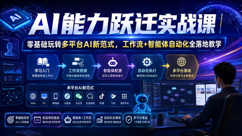 AI能力跃迁实战课|零基础玩转多平台AI新范式,工作流+智能体自动化全落地教学-荆楚AI