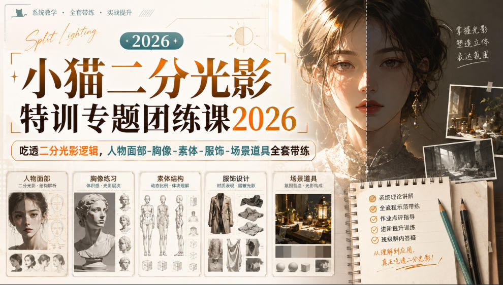 小猫二分光影特训专题团练课2026|吃透二分光影逻辑,人物面部‑胸像‑素体‑服饰‑场景道具全套带练,高清画质附赠课件与笔刷-荆楚AI