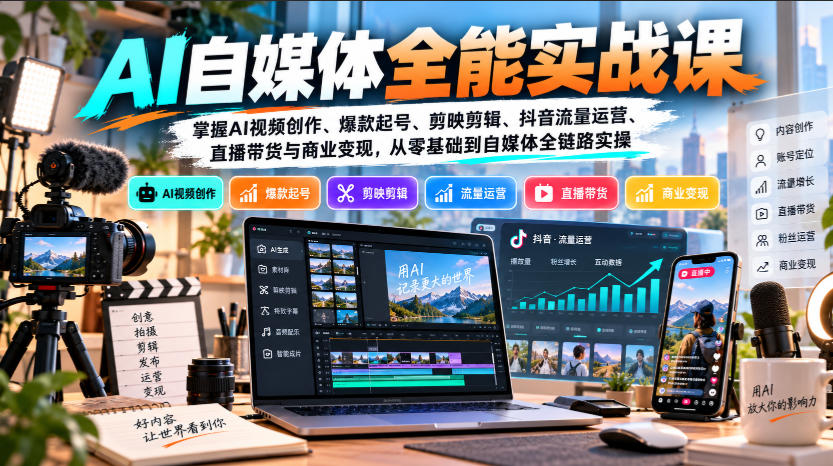 【无水印】AI自媒体全能实战课,掌握AI视频创作、爆款起号、剪映剪辑、抖音流量运营、直播带货与商业变现,从零基础到自媒体全链路实操-荆楚AI