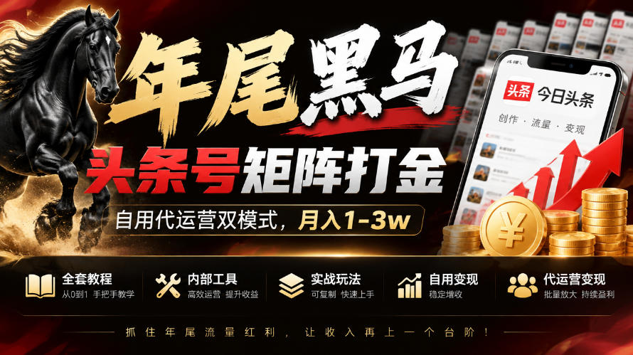 【年尾黑马】头条号矩阵打金，自用代运营双模式，月入1-3w，附全套教程及内部工具【揭秘】-荆楚AI