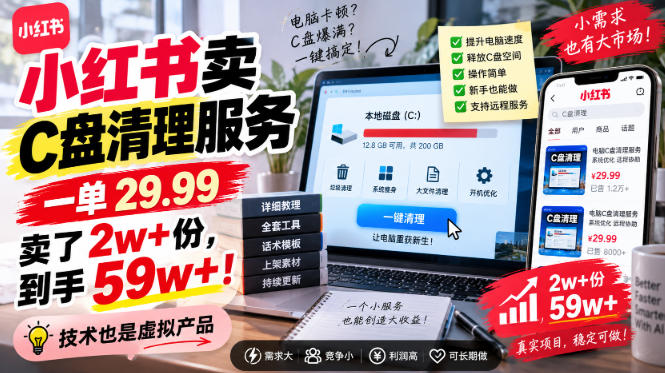 小红书卖C盘清理服务,一单29.99,卖了2w+份,技术也是虚拟产品-荆楚AI