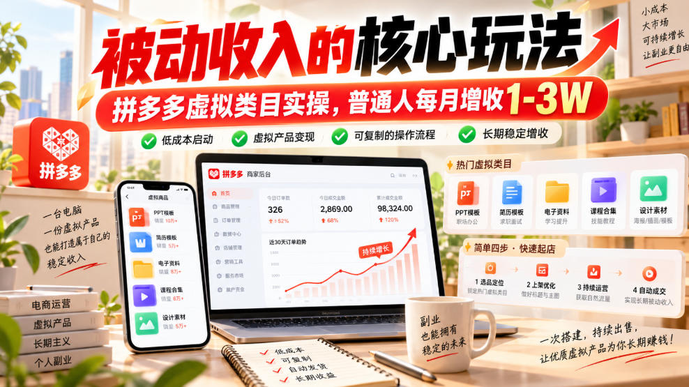 被动收入的核心玩法,拼多多虚拟类目实操,普通人每月增收1-3W【揭秘】-荆楚AI