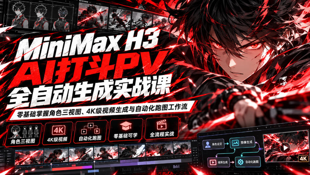 MiniMax H3 AI打斗PV全自动生成实战课:零基础掌握角色三视图、4K级视频生成与自动化跑图工作流-荆楚AI