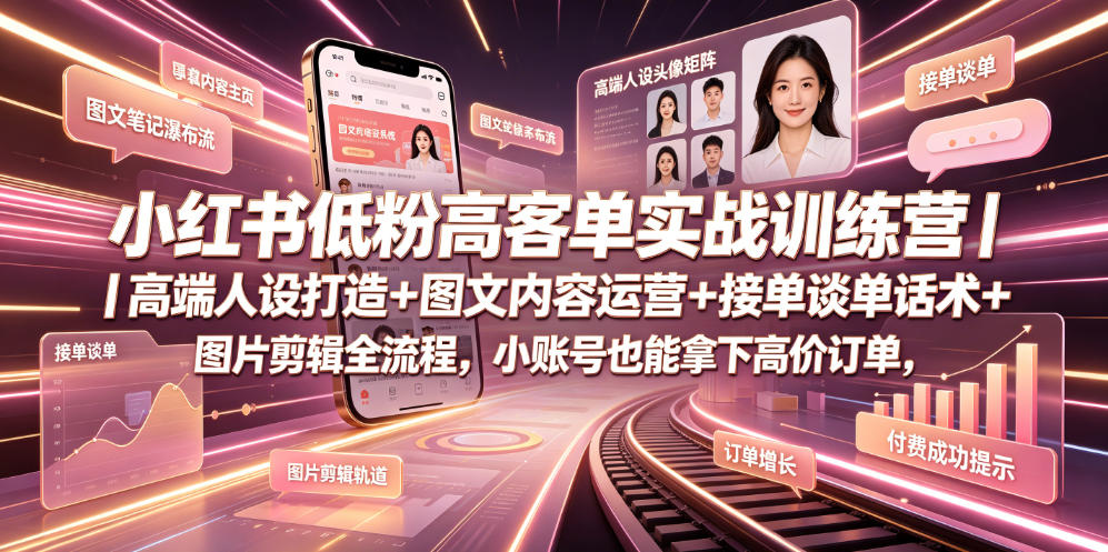 小红书低粉高客单实战训练营｜高端人设打造+图文内容运营+接单谈单话术+图片剪辑全流程，小账号也能拿下高价订单-荆楚AI
