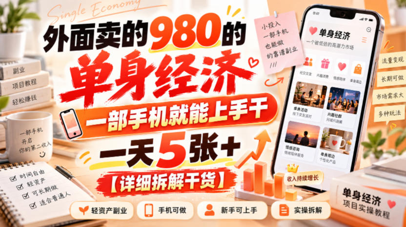 外面卖的980的单身经济,一部手机就能上手干,一天5张+【详细拆解干货】-荆楚AI