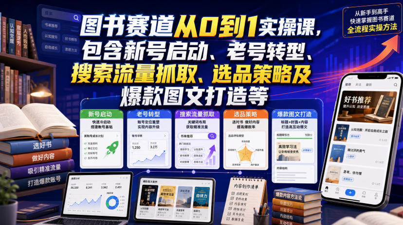 图书赛道从0到1实操课，包含新号启动、老号转型、搜索流量抓取、选品策略及爆款图文打造等-荆楚AI