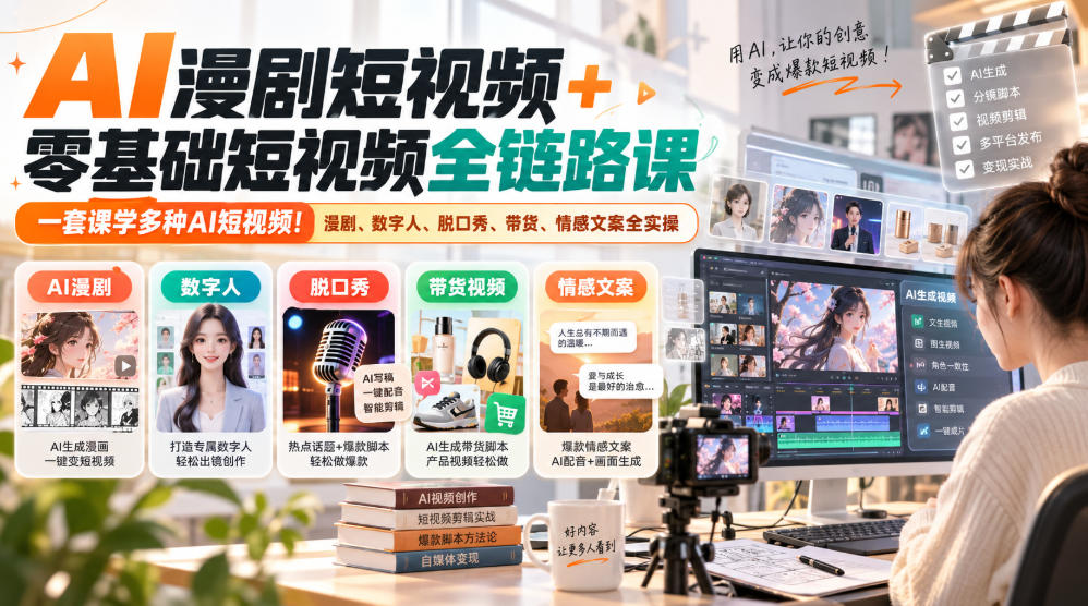 AI漫剧短视频+零基础短视频全链路课,一套课学多种AI短视频!漫剧、数字人、脱口秀、带货、情感文案全实操-荆楚AI