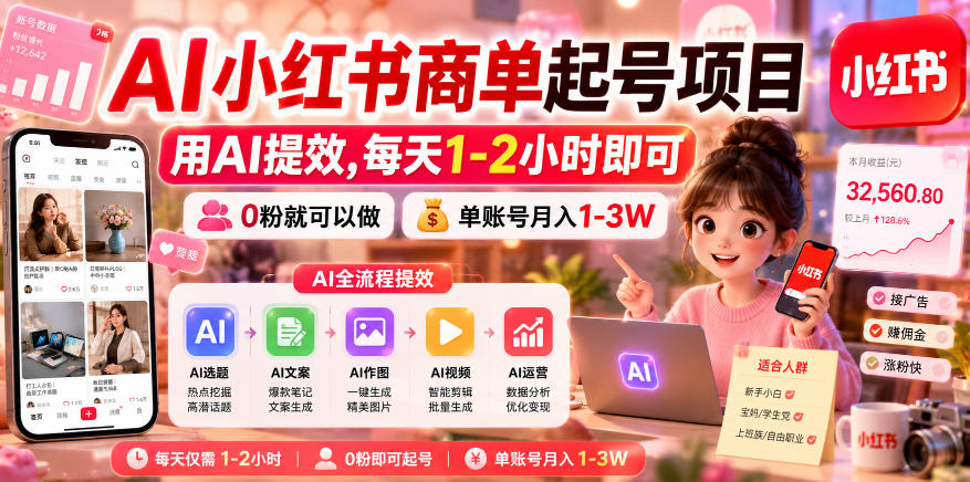 AI小红书商单起号项目,用AI提效,每天1-2小时即可,0粉就可以做,单账号月入1-3W-荆楚AI
