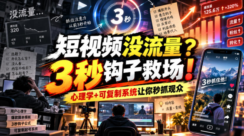 【无水印】短视频没流量？3秒钩子救场！心理学+可复制系统让你秒抓观众【原创双语字幕】-荆楚AI