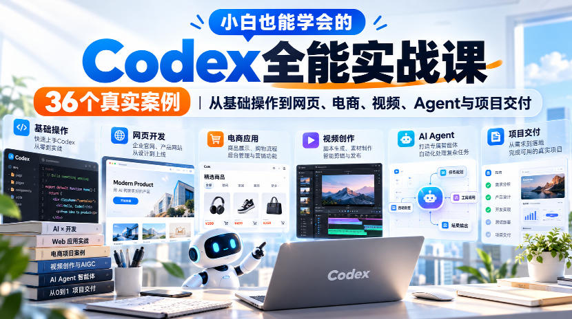 小白也能学会的Codex全能实战课｜36个真实案例，从基础操作到网页、电商、视频、Agent与项目交付-荆楚AI