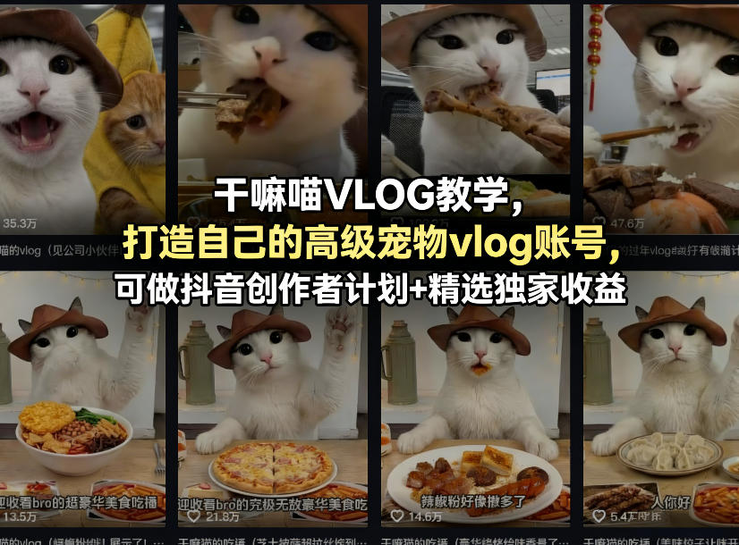 干嘛喵VLOG教学，打造自己的高级宠物vlog账号，可做抖音创作者计划+精选独家收益-荆楚AI