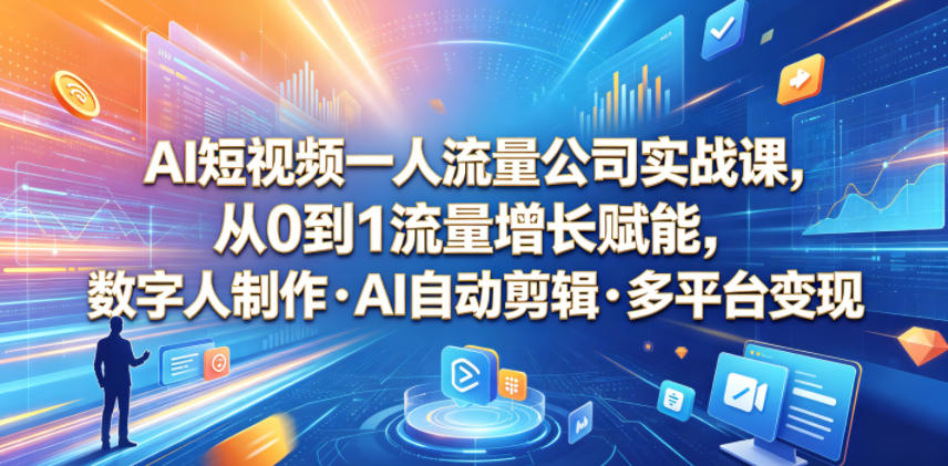 AI短视频一人流量公司实战课，从0到1流量增长赋能，数字人制作・AI自动剪辑・多平台变现，一人做流量生意全落地教程-荆楚AI