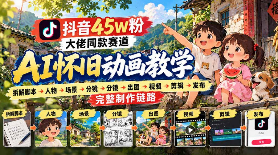 抖音45W粉大佬同款赛道AI怀旧动画实战课：拆解脚本→人物→场景→分镜→出图→视频→剪辑→发布完整制作链路-荆楚AI