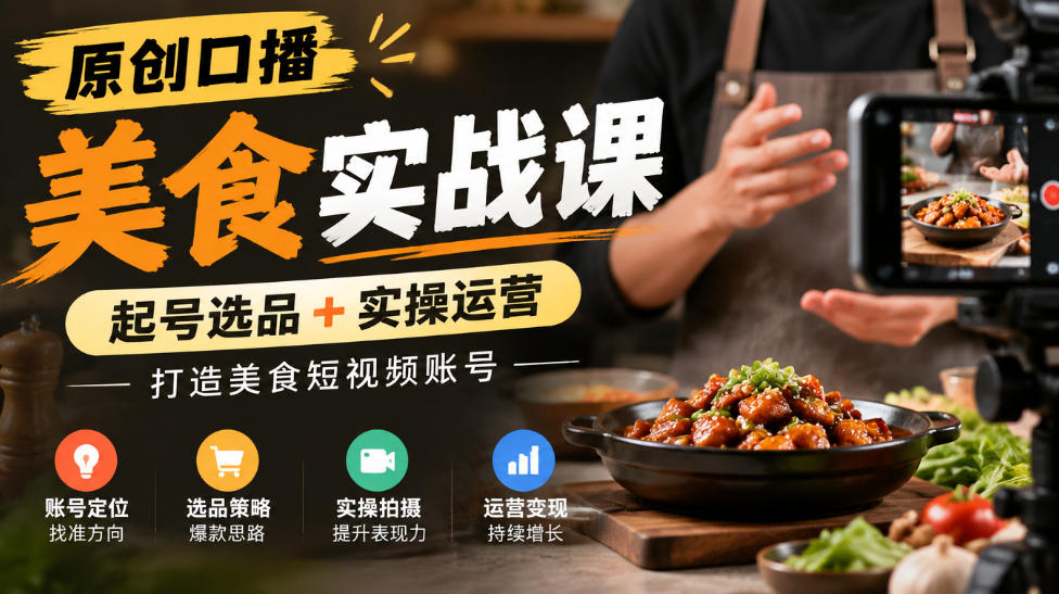 原创口播美食实战课，起号选品+实操运营，打造美食短视频账号-荆楚AI